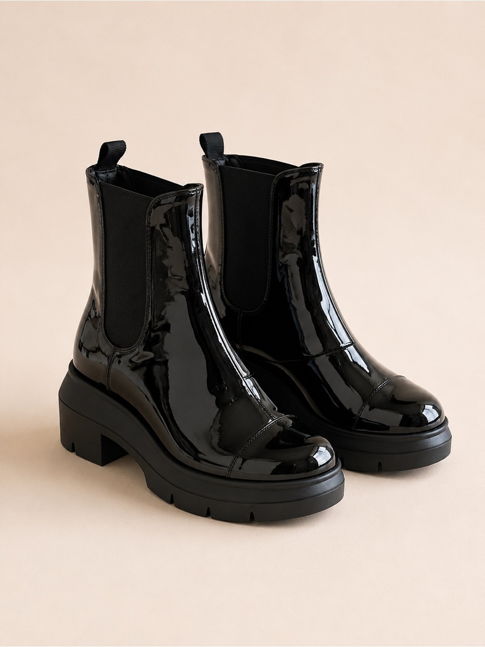 Stuart Weitzman Black Patent Chelsea Lug Booties